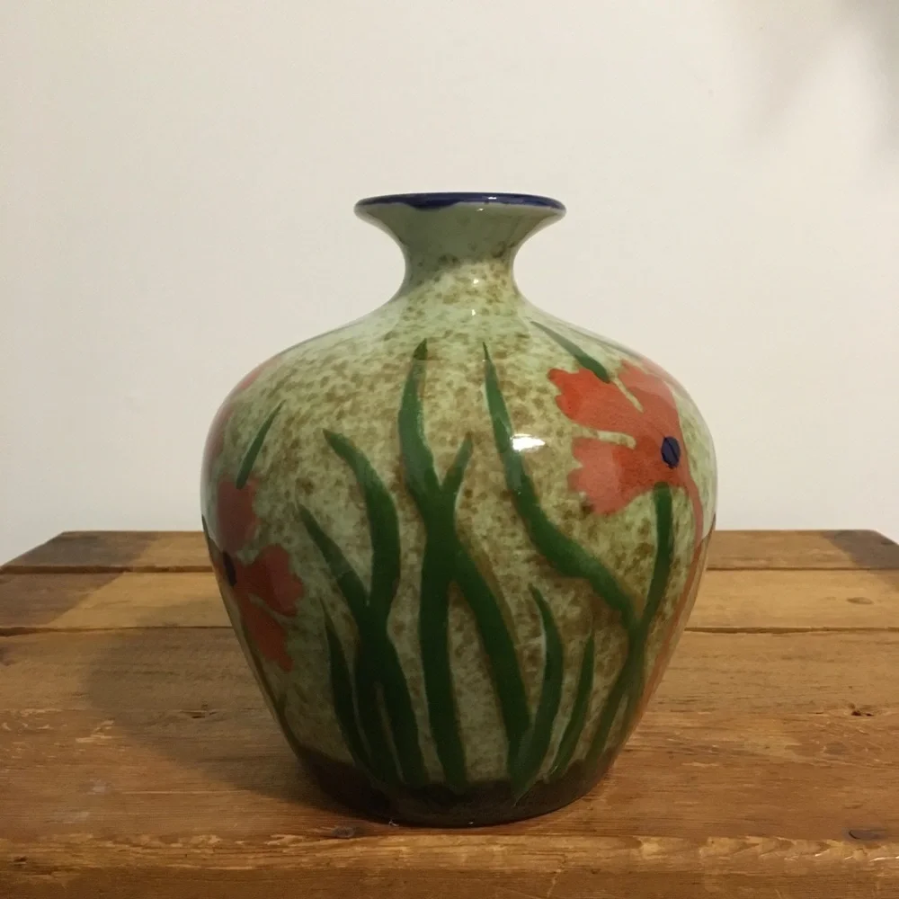 Vintage Pier 1 Imports Poppy Floral Vase Gourd Shaped Glazed Ceramic Speckled
